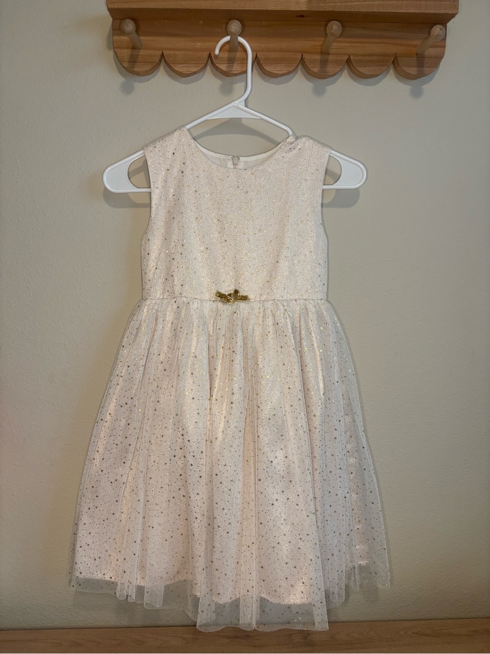 Rachel Riley Cream Glitter Tulle Dress with Gold Bow